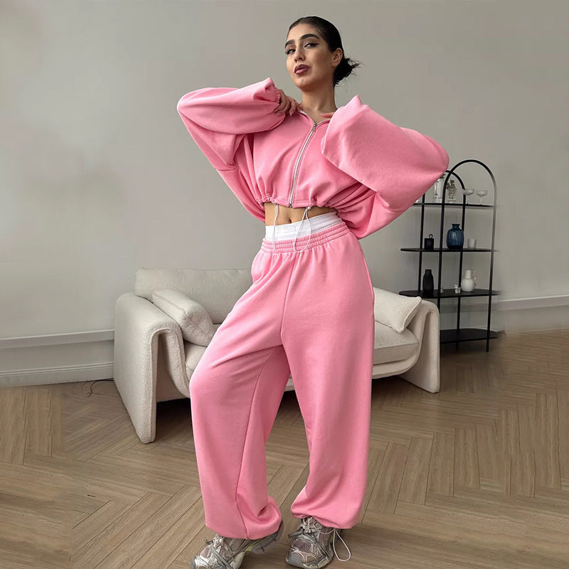 Damen nan cropped Reißverschluss-Hoodie mit Tunnelzugsaum und weitem Sweatpants-Schnitt