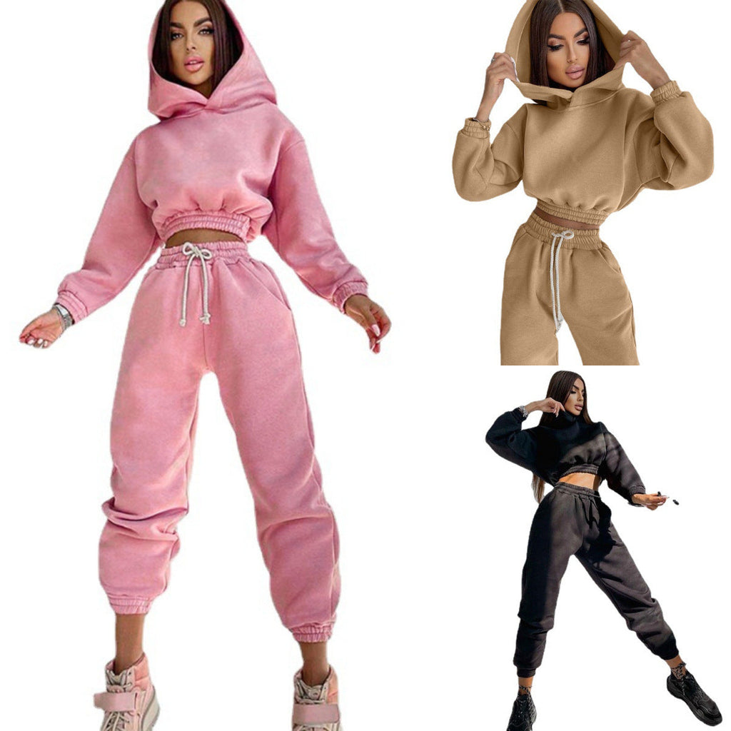 Damen nan Cropped-Hoodie-Loungewear-Set mit elastischem Rippbund, hoher Taillen-Jogginghose und dekorativem Kordelzug
