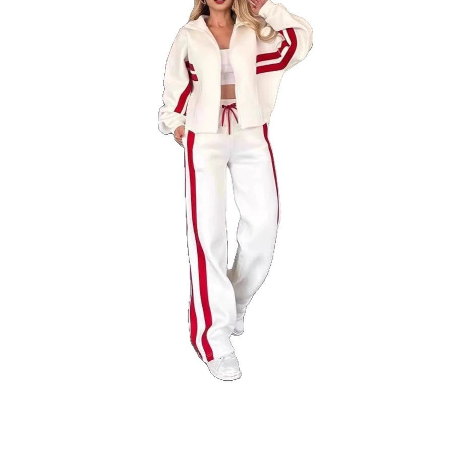 Damen nan athletisches Zweiteiler-Set aus French Terry mit Reißverschluss Cropped Jacke und weitem Highwaist Jogger