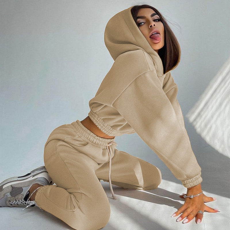 Damen nan Cropped-Hoodie-Loungewear-Set mit elastischem Rippbund, hoher Taillen-Jogginghose und dekorativem Kordelzug