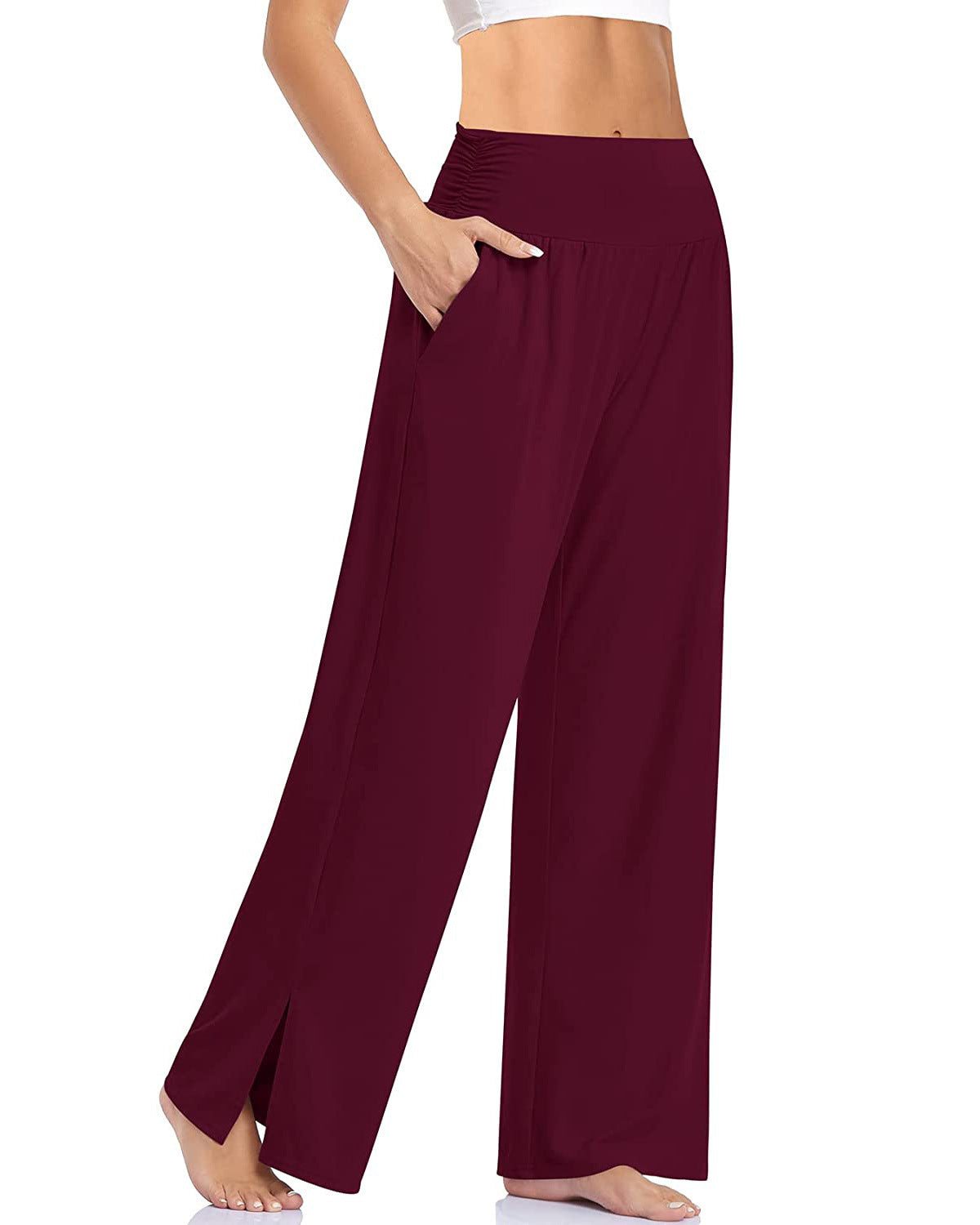 Damen nan weite Yogahose mit hohem Komfortbund, seitlichen Eingrifftaschen und seitlichem Bein-Schlitz