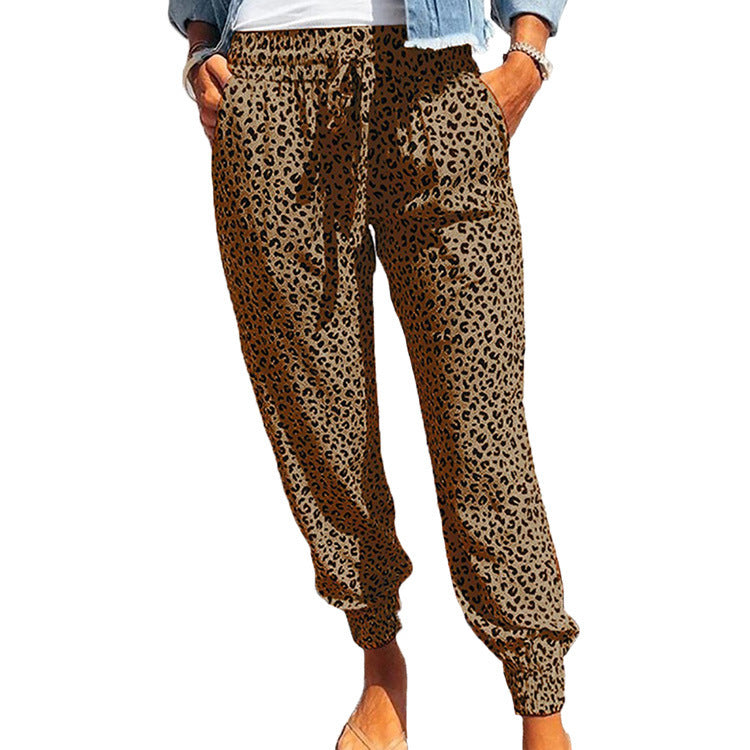 Damen nan lässige Leoparden-Print Jogginghose mit Tunnelzug, Eingrifftaschen und elastischen Bündchen