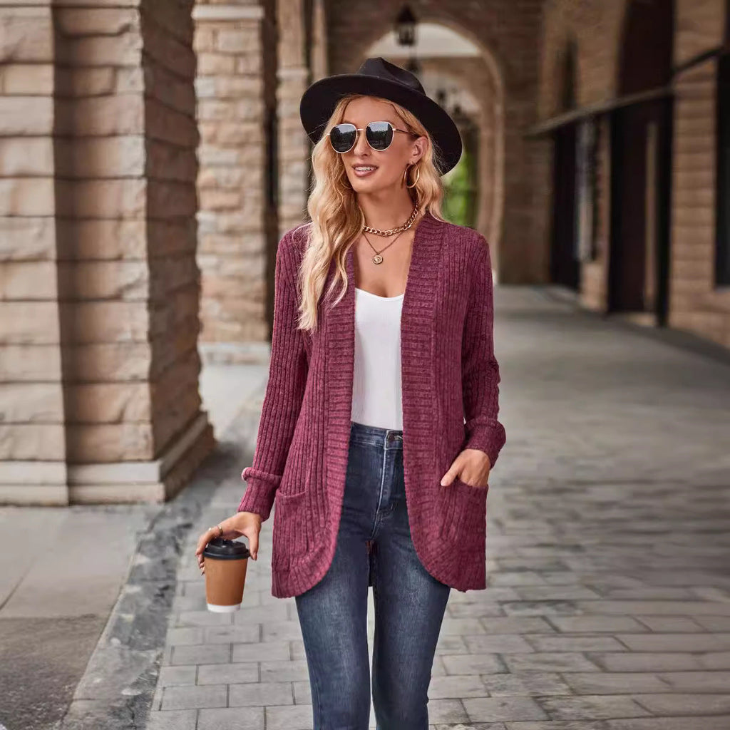 Damen nan langer gerippter Cardigan mit aufgesetzten Taschen und offener Front