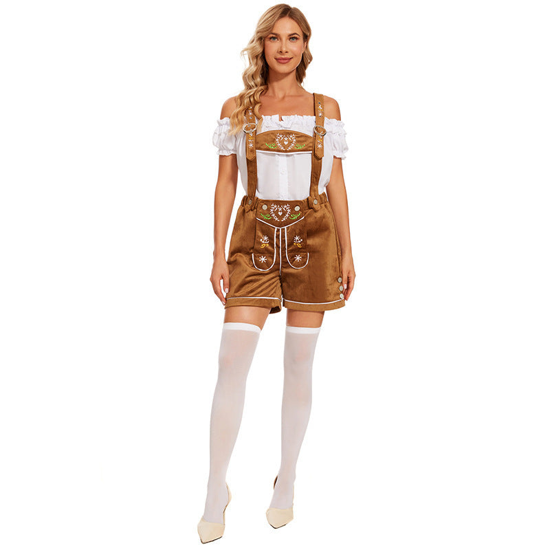 Damen nan Trachten-Latzhose Shorts mit filigraner Stickerei und verstellbaren Trägern
