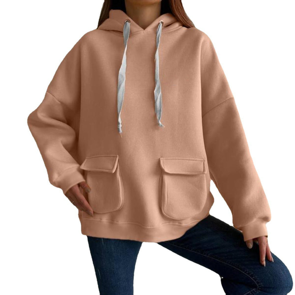 Damen nan Oversize-Kapuzenpullover mit aufgesetzten Klappentaschen und extra-langen Kordeln
