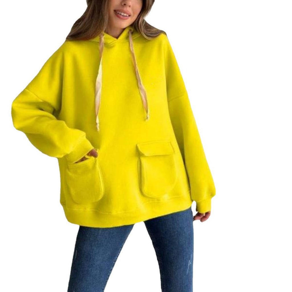 Damen nan Oversize-Kapuzenpullover mit aufgesetzten Klappentaschen und extra-langen Kordeln