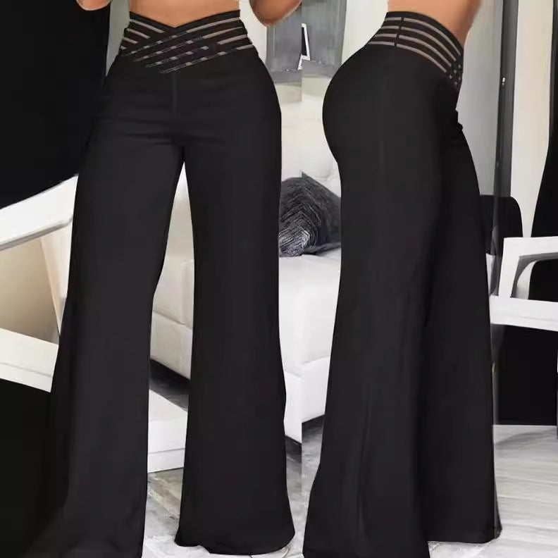 Damen nan hochtaillierte Schlaghose mit mehrreihiger Riemchen-Taille und weitem fließendem Bein