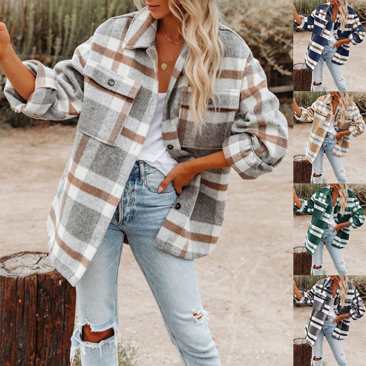 Damen nan karierte Overshirtjacke mit Brusttaschen und lockerer Passform