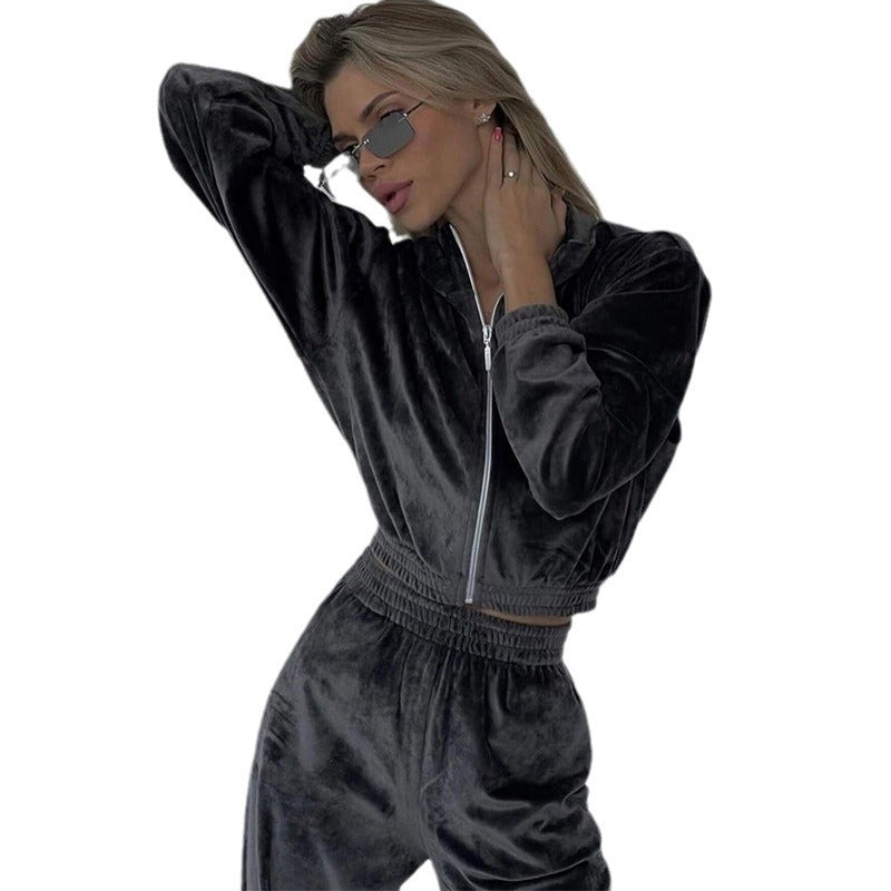 Damen nan Cropped Velours-Joggingset mit halbem Reißverschluss, gerafftem Komfortbund und breiten Bündchen