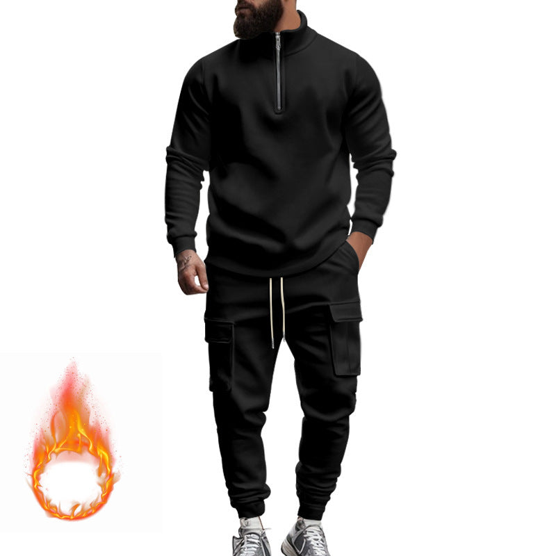 Herren nan Strick-Trainingsset mit halbem Reißverschluss, Zopfmuster-Pulli und Kordelzug-Jogger