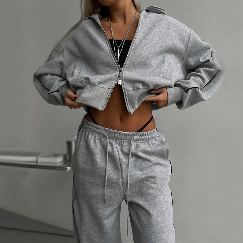 Damen nan kurzes Reißverschluss-Hoodie und hohe Taillen-Jogginghose Set mit dekorativer Seitenpaspel