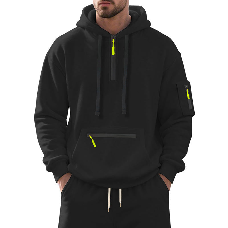 Herren nan technischer Freizeit-Hoodie mit kurzem mittigem Reißverschluss, Reißverschluss-Kängurutasche und Ärmeltasche