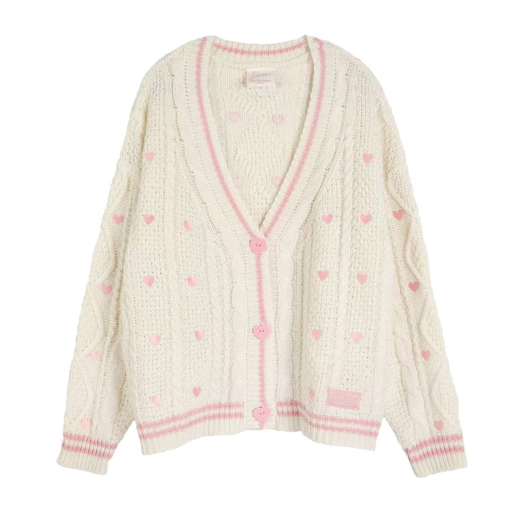 Damen nan grob gestrickter V-Ausschnitt-Cardigan mit Herzapplikationen und dekorativen Herzknöpfen