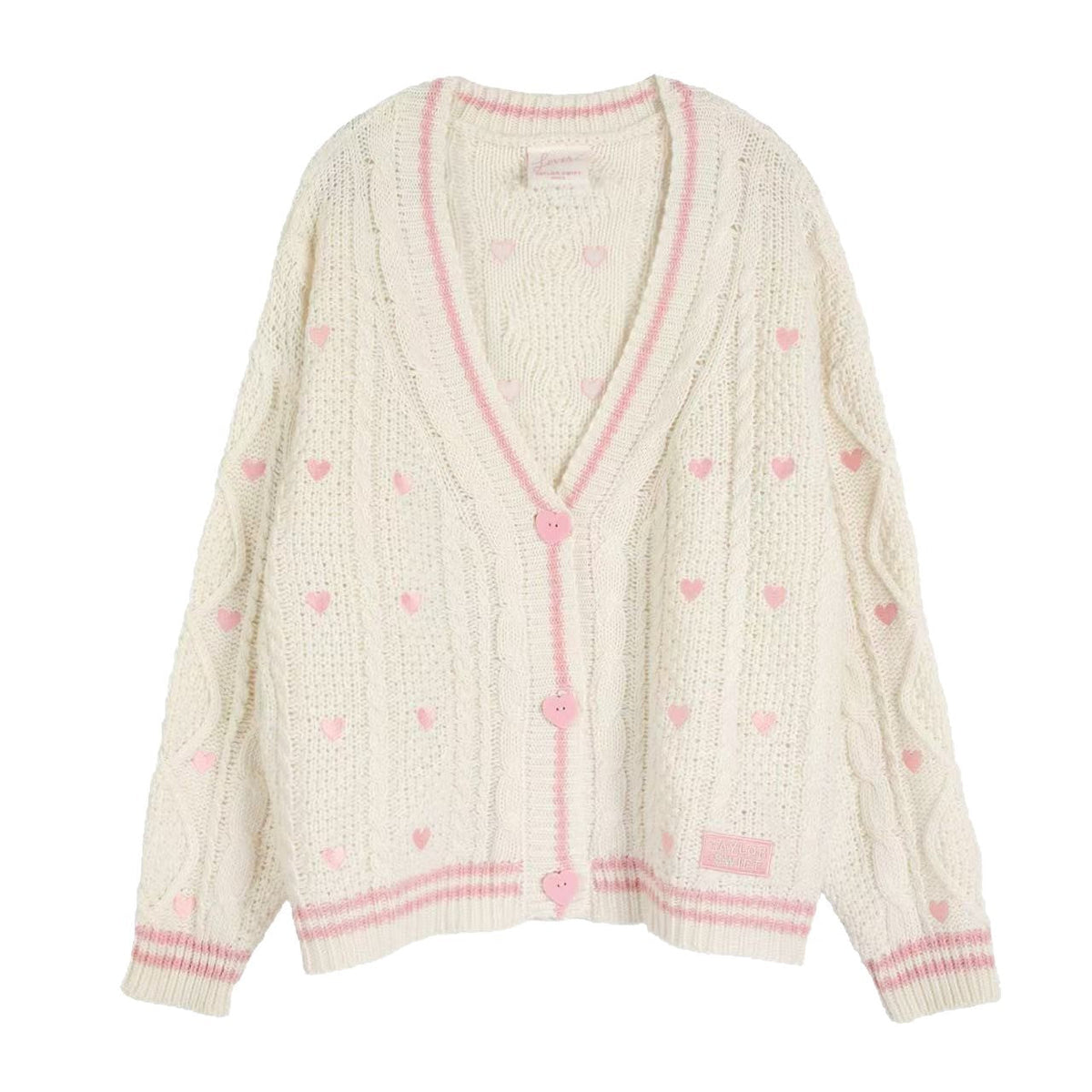 Damen nan grob gestrickter V-Ausschnitt-Cardigan mit Herzapplikationen und dekorativen Herzknöpfen