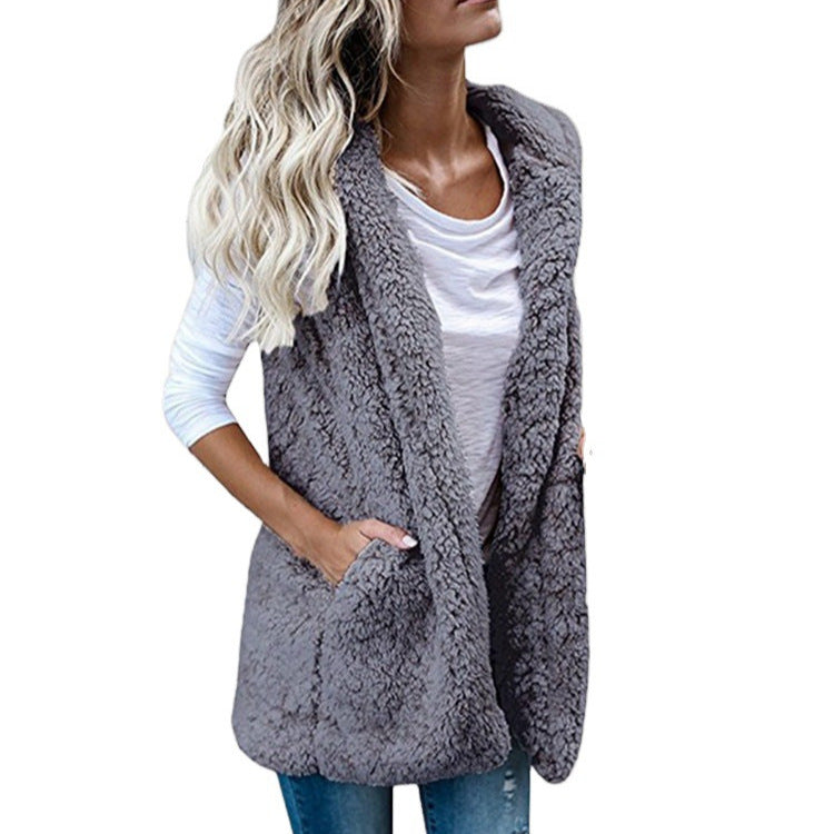 Damen nan flauschige Teddyweste mit Schalkragen und Eingrifftaschen