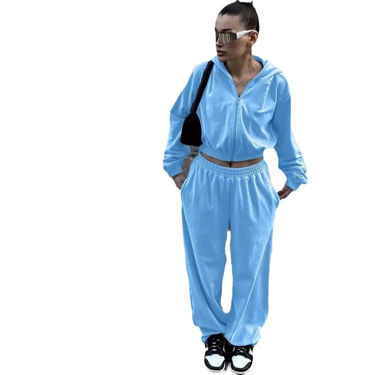Damen nan Samt-Trainingsanzug zweiteilig mit cropped Kapuzenjacke und hoher Taille Jogginghose