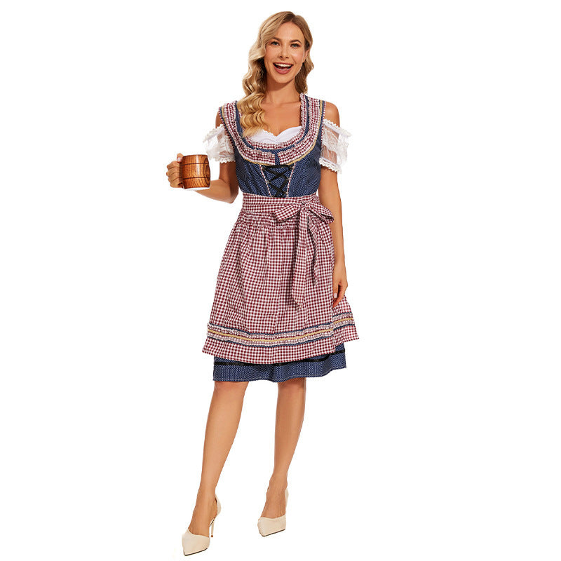 Damen nan traditionelles Trachtenkleid mit Schnürmieder, Spitzenärmeln und karierter Schürze