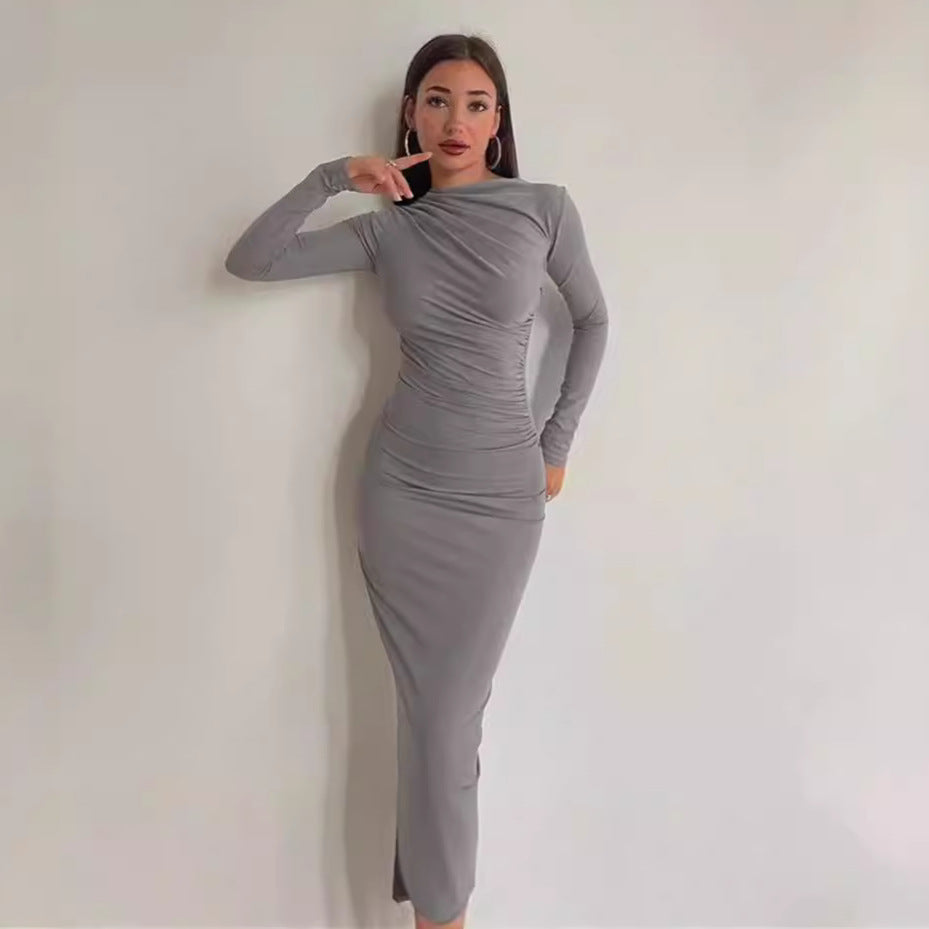 Damen nan gerafftes Maxikleid mit asymmetrischem Ausschnitt und taillierter Silhouette
