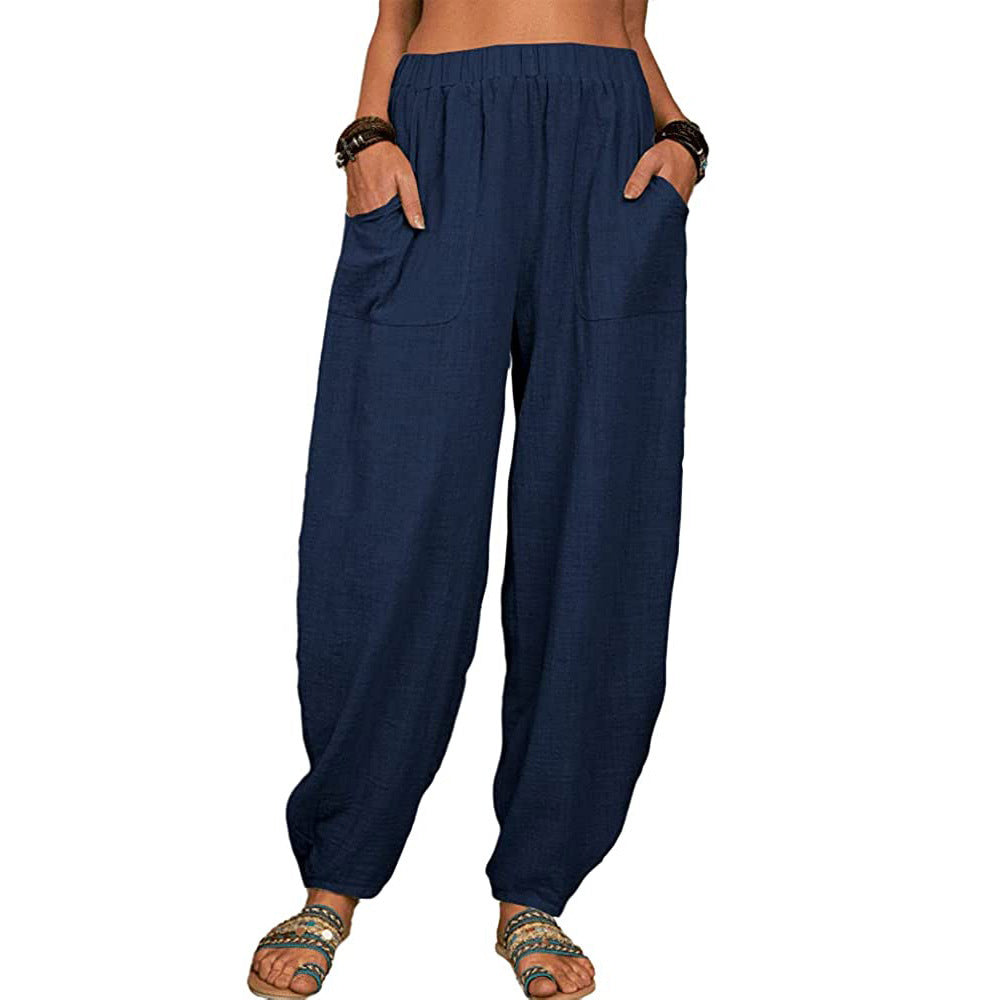 Damen nan lockere Leinenhose mit weitem Bein elastischem Bund und großen aufgesetzten Taschen