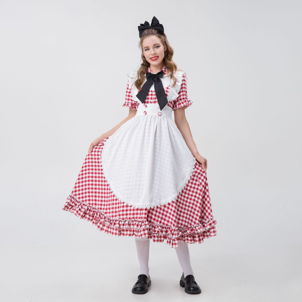 Damen nan Vintage-inspiriertes Karo-Swingkleid mit abnehmbarer Schürze, Rüschenärmeln und Schleifenkragen