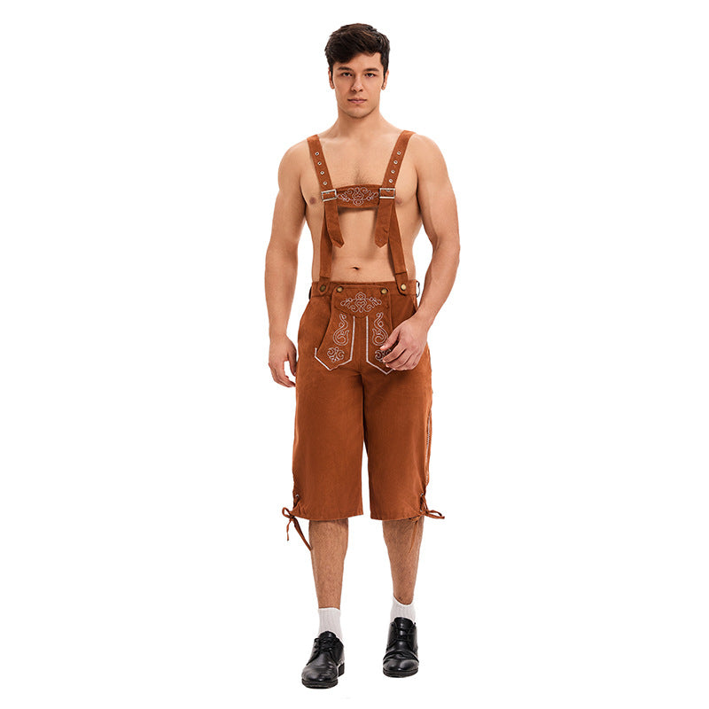 Herren nan knielange traditionelle Lederhose mit besticktem Brustlatz und verstellbaren Trägern