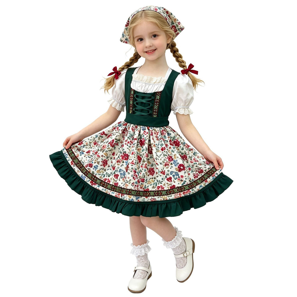 Damen nan traditionelles Kinderdirndl mit Schürze Haarband Spitzenbluse und Zierschnürung