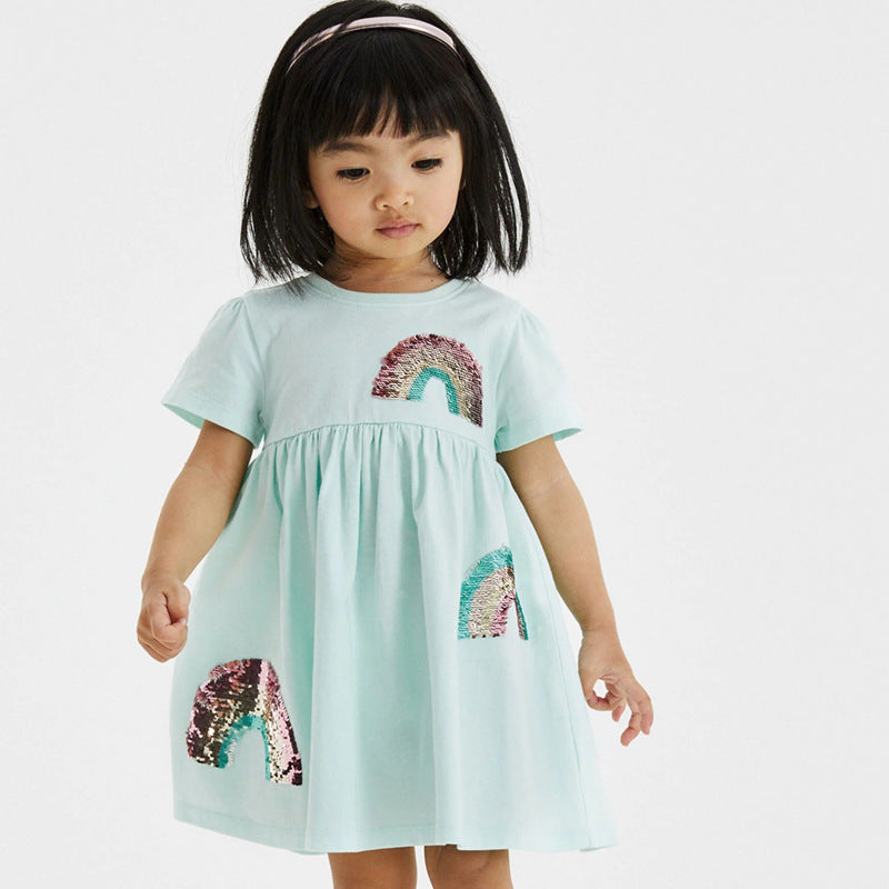 Mädchen Kurzarm-T-Shirt Kleid mit buntem Glitzer-Regenbogen Design