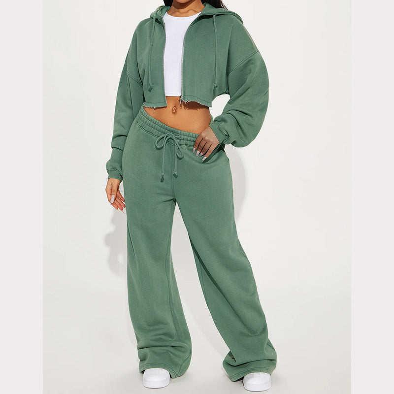 Damen nan Kapuzen-Crop-Top und weite Jogginghose Lounge-Set aus weichem Fleece