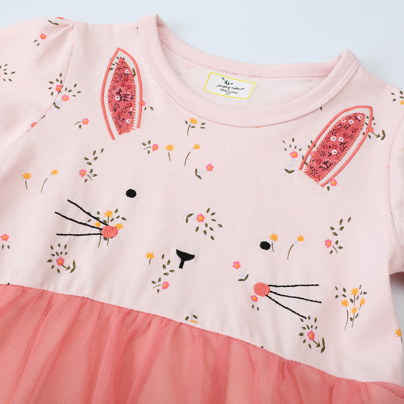 Mädchen Tüllkleid mit Hasenmotiv und floralen Applikationen