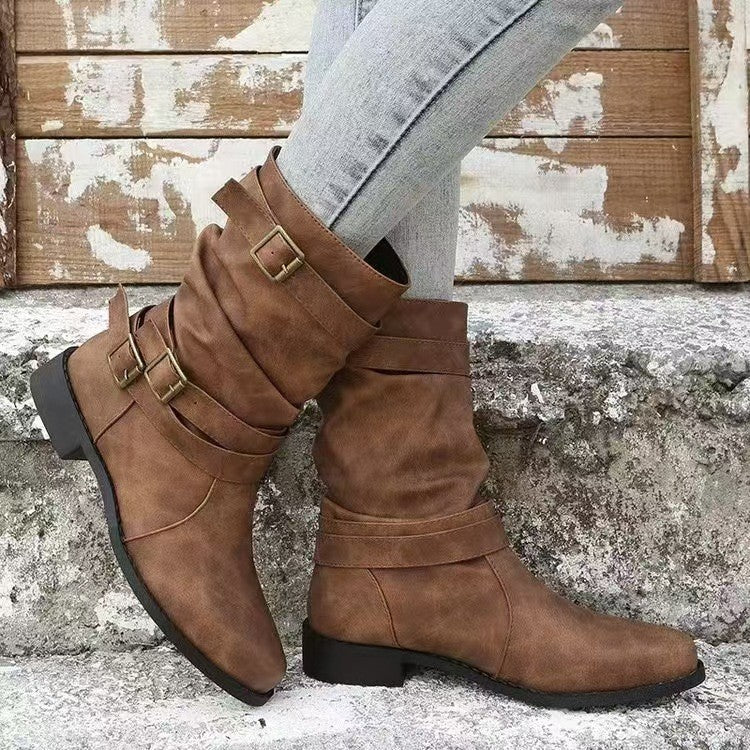 Damen nan lässiger mittlerer Schaftstiefel mit weichem Slouch-Effekt, dekorativen Schnallenriemen und robustem Blockabsatz