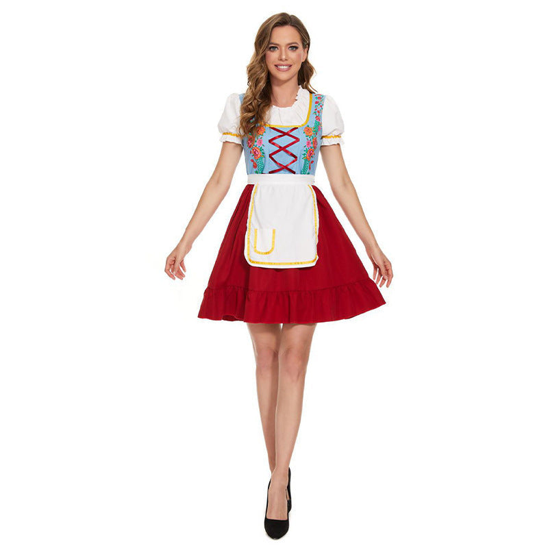 Damen nan nostalgisches Trachten-Kostümkleid mit geschnürtem Mieder, Rüschenkragen und abnehmbarer Schürze