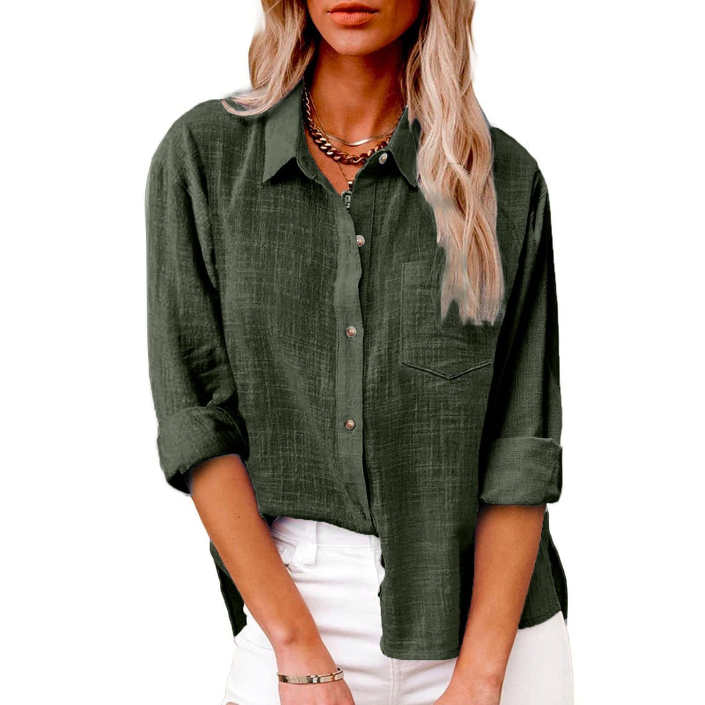 Damen nan oversized Leinen-Baumwollmix Hemdbluse mit Brusttasche und krempelbaren Ärmeln