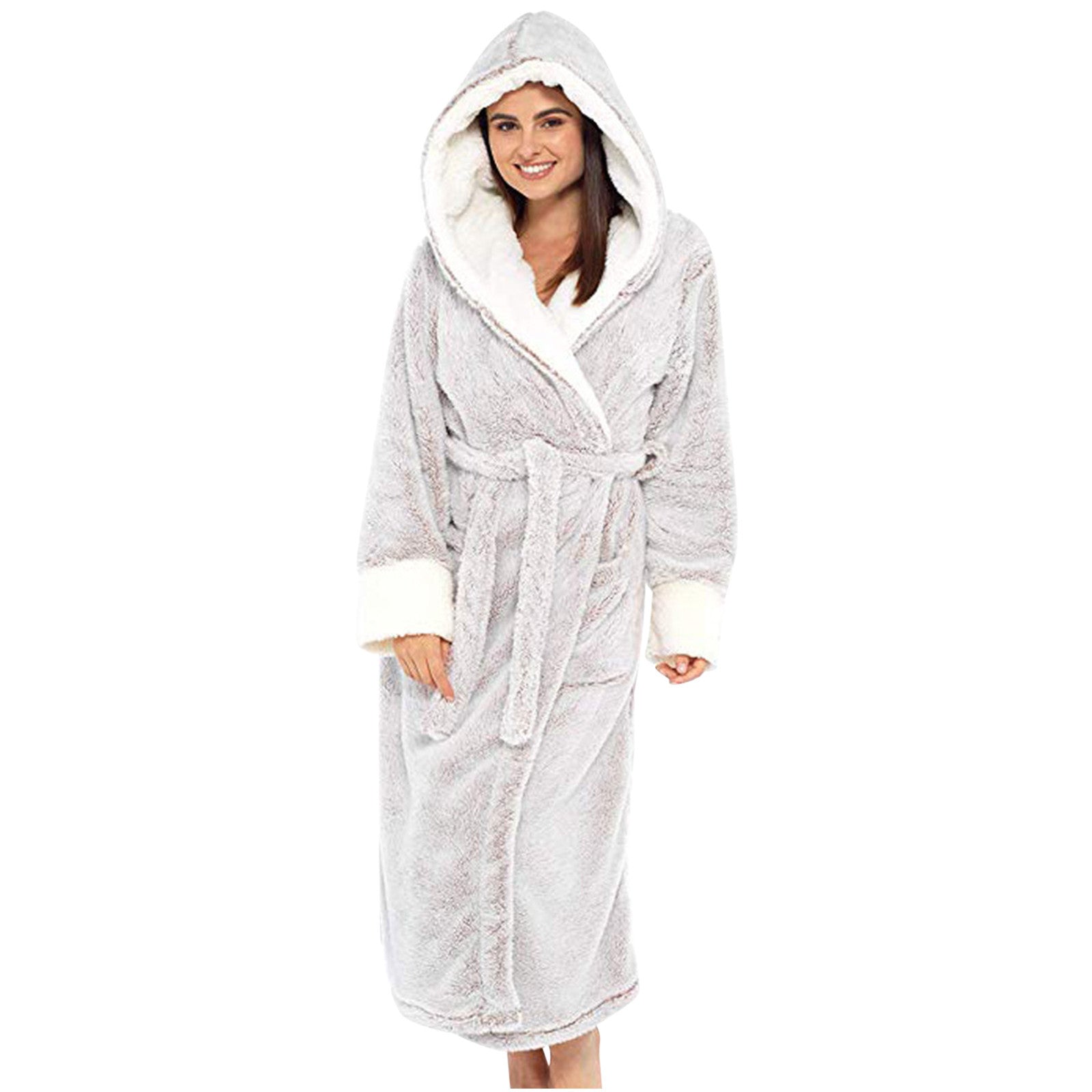 Damen Kuscheliger Fleece-Morgenmantel mit Kapuze und Gürtel Selmira