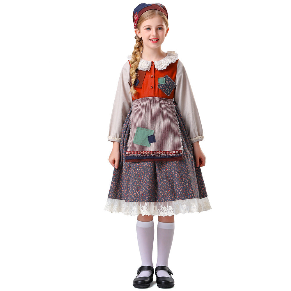 Damen nan vintageinspiriertes Rüschenkleid mit abnehmbarer Schürze und Spitzenbesatz