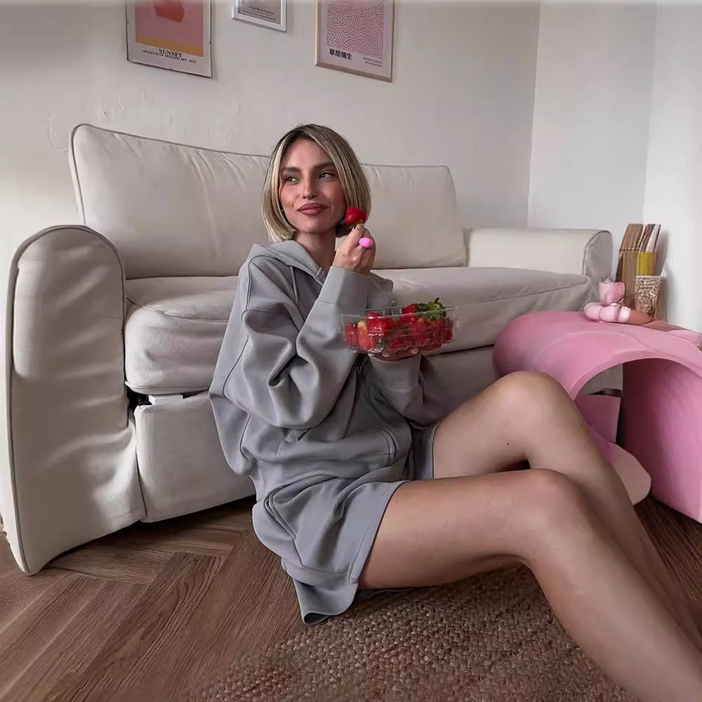 Damen nan kurzes Kapuzen-Sweatshirt mit Reißverschluss und elastischer Highwaist-Relax-Shorts Set