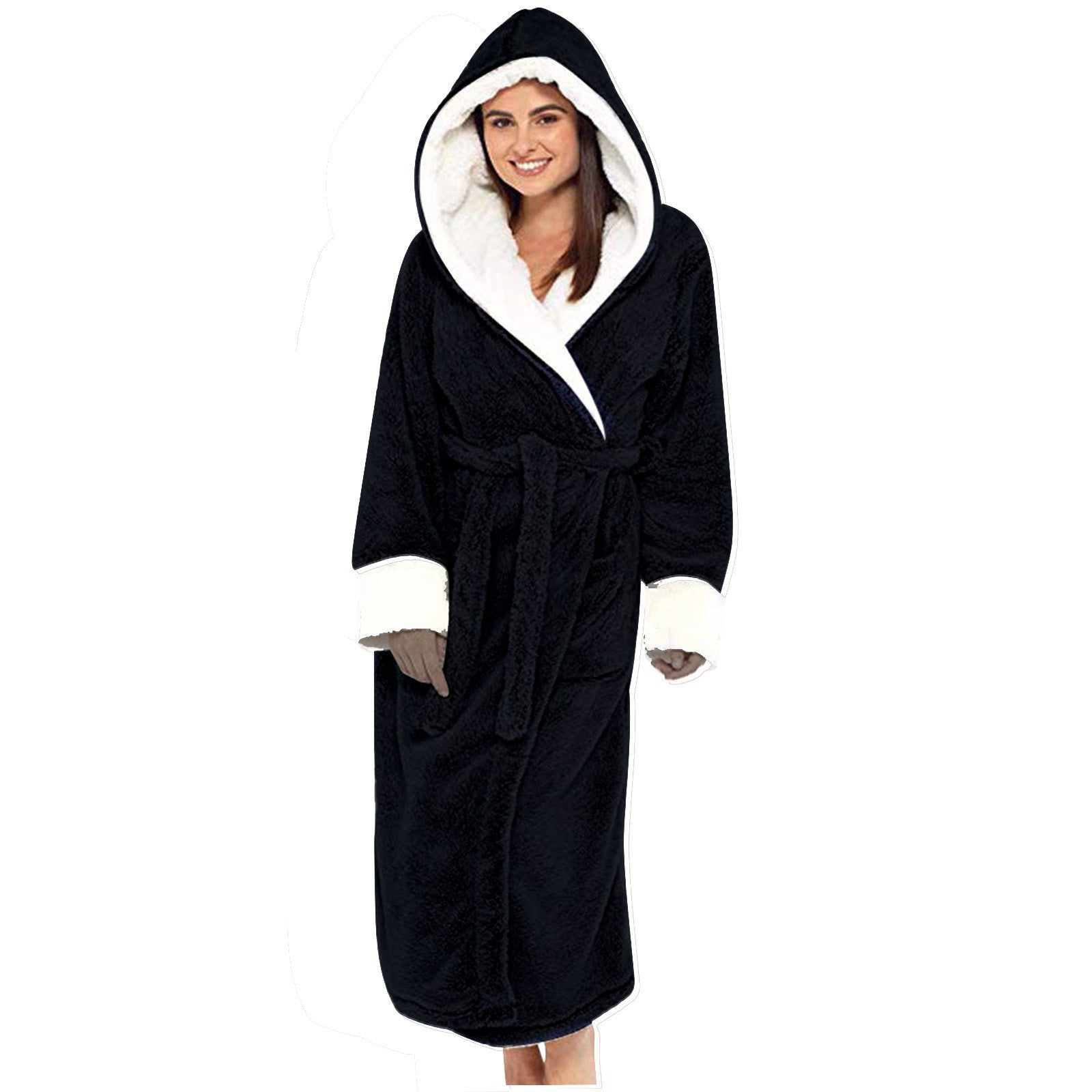 Damen Kuscheliger Fleece-Morgenmantel mit Kapuze und Gürtel Selmira