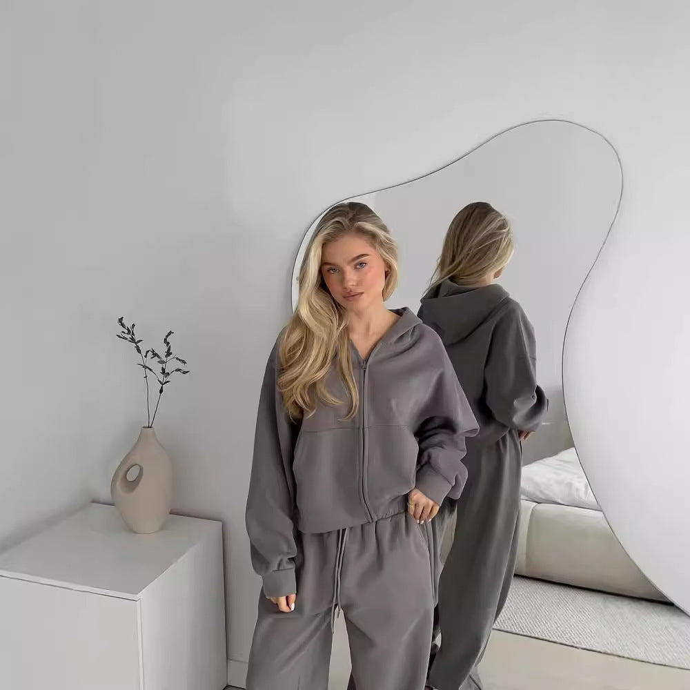 Damen nan cropped Kapuzenjacke mit durchgehendem Reißverschluss und taillenhoher Jogginghose Set