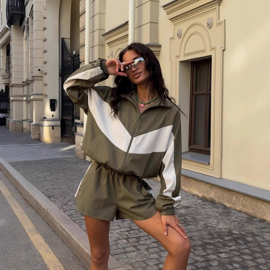 Damen nan lässiges Athleisure-Set mit windabweisender Kurzjacke, Stehkragen und elastischen Highwaist-Shorts