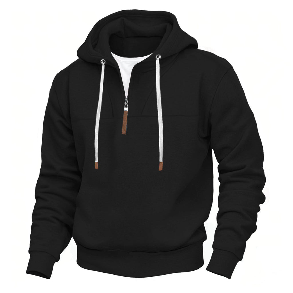 Herren nan Kapuzenpullover mit halbem Reißverschluss, weichem Innenfutter und Leder-Details