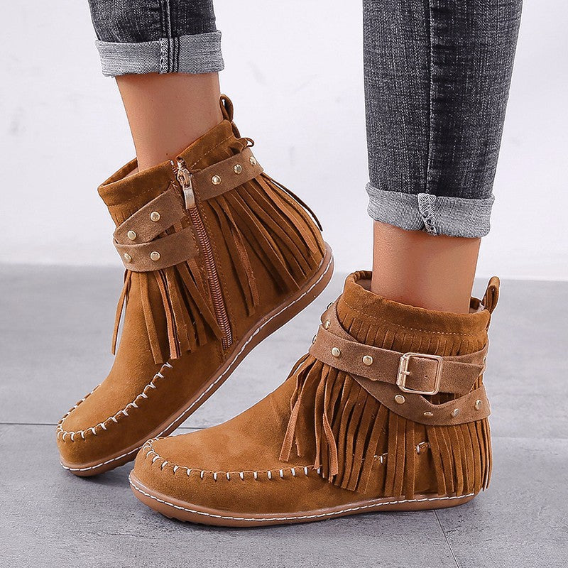 Damen nan Fransen-Mokassin-Stiefelette mit Ziergurt, Schnalle und weicher Gummisohle