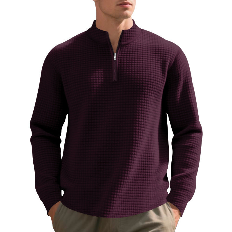 Herren nan leichtes Waffelstrick-Halbzip-Pullover mit Stehkragen und atmungsaktivem Baumwollmix