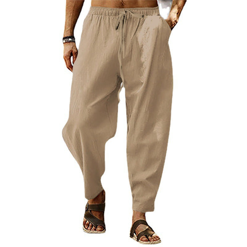 Herren nan entspannte Harem-Loungehose aus Leinenmix mit weitem Bein, elastischem Bund, Kordelzug und seitlichen Eingrifftaschen