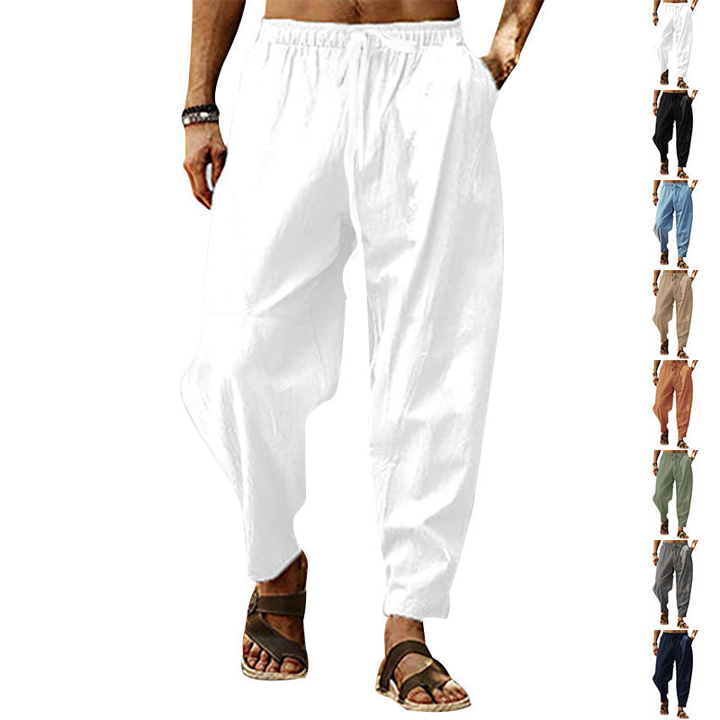 Herren nan entspannte Harem-Loungehose aus Leinenmix mit weitem Bein, elastischem Bund, Kordelzug und seitlichen Eingrifftaschen