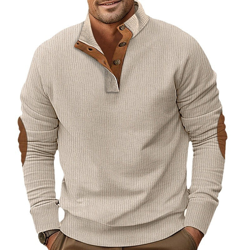 Herren nan strukturiertes Rugby-Pullover mit Stehkragen, Knopfleiste und Leder-Ellenbogenpatches