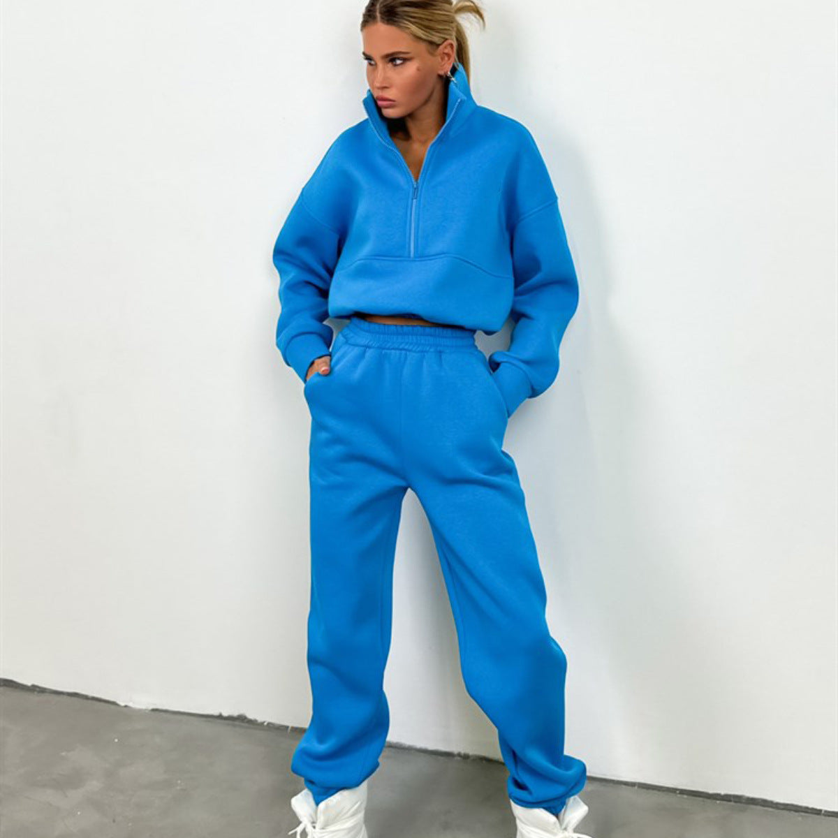 Damen nan cropped Half-Zip Fleece-Set zweiteilig mit hohem Bund und elastischen Bündchen