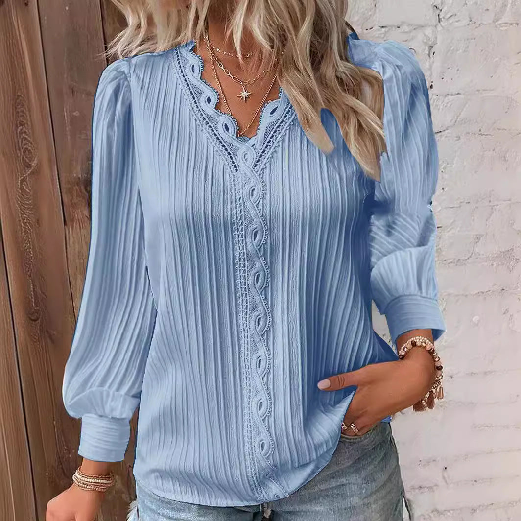 Damen nan romantische V-Ausschnitt Spitzenbluse mit Plissee und Puffärmeln