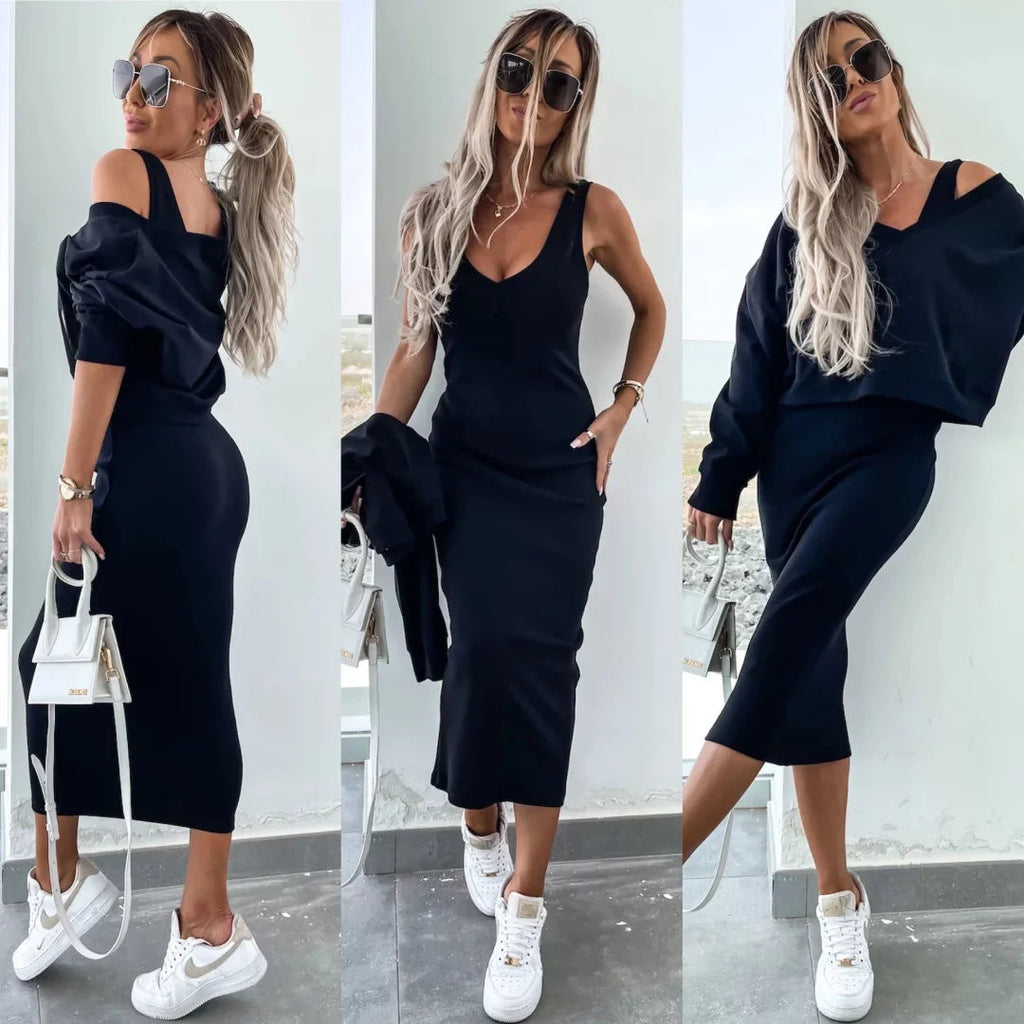 Damen nan zweiteiliges Midirock-Set mit off-shoulder Oversize-Sweatshirt und figurbetontem Bleistiftrock