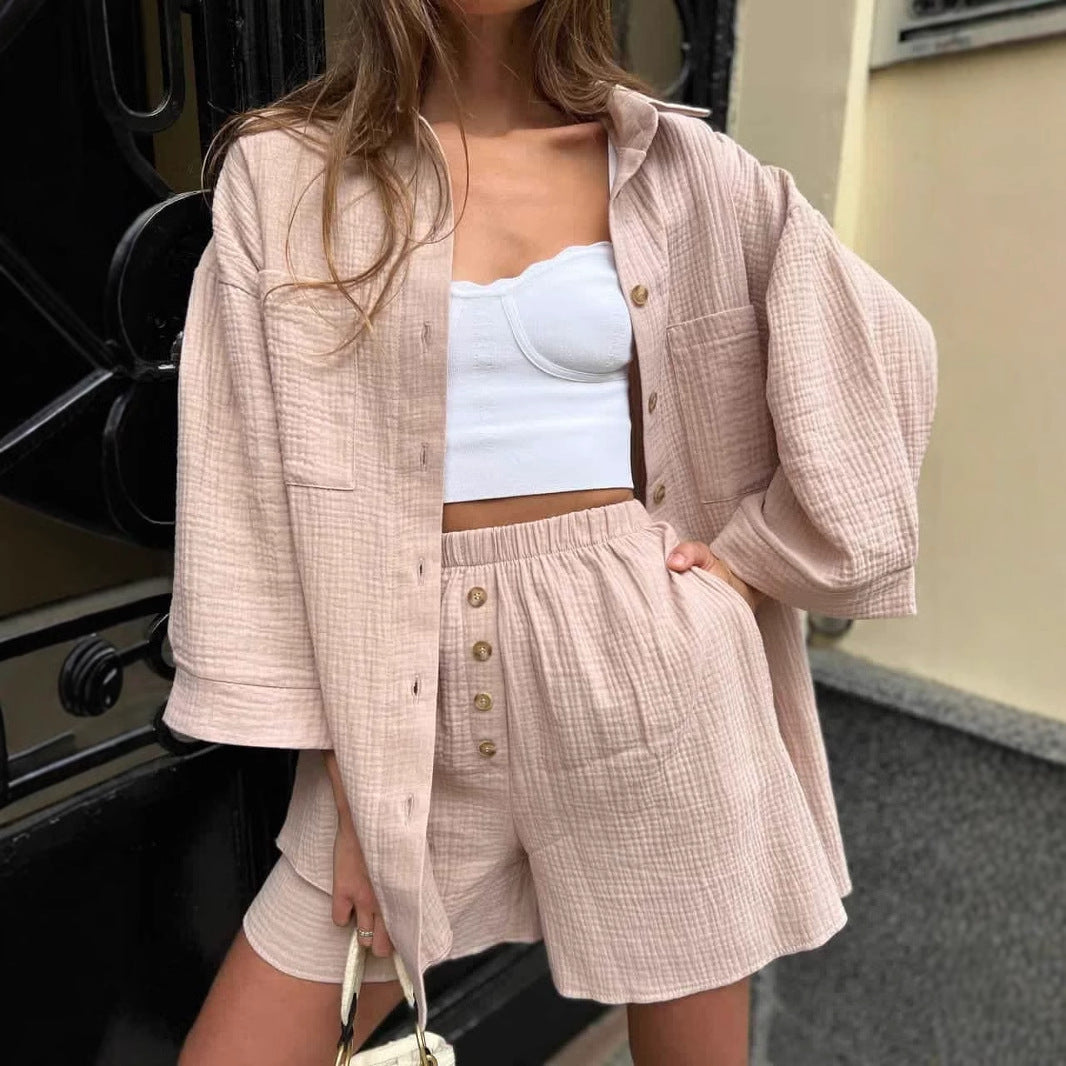 Damen nan lässiges Musselin-Zweiteiler Set mit Oversize-Hemd und elastischer Highwaist-Shorts