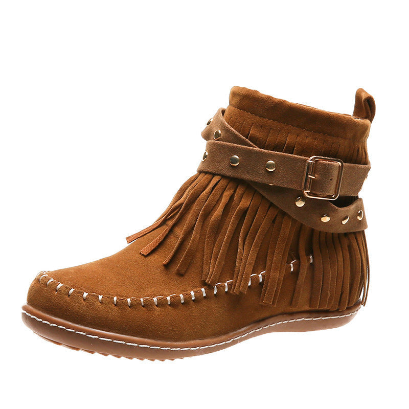 Damen nan Fransen-Mokassin-Stiefelette mit Ziergurt, Schnalle und weicher Gummisohle