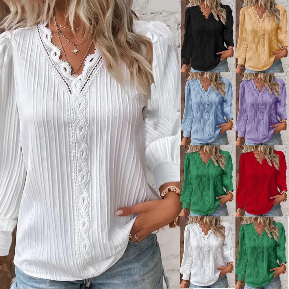 Damen nan romantische V-Ausschnitt Spitzenbluse mit Plissee und Puffärmeln